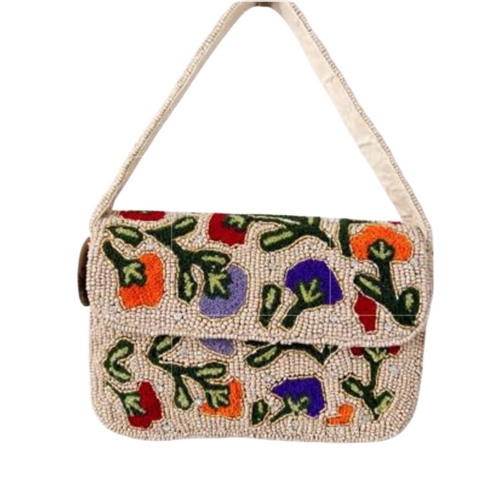 NEW Tan Floral Embroidered Shoulder Bag Beaded Shoulder Bag